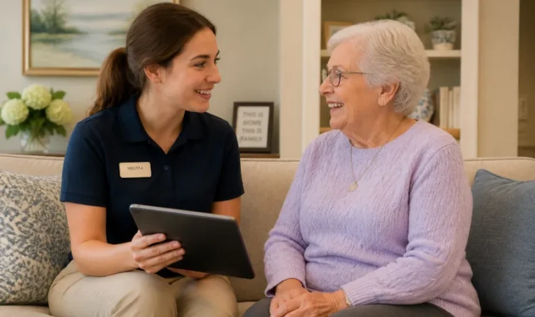 Senior living caregiver using tablet with resident to review procurement software insights