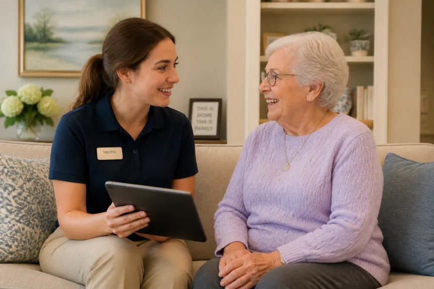 Senior living caregiver using tablet with resident to review procurement software insights