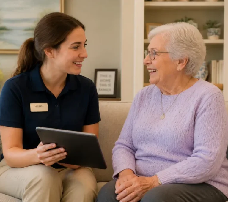 Senior living caregiver using tablet with resident to review procurement software insights